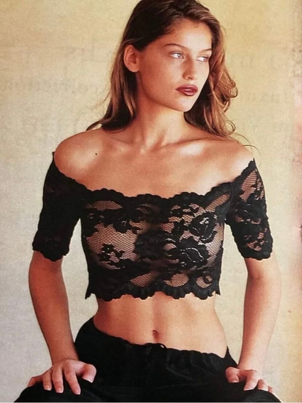 Victoria's Secret Vintage 1999 Black Lace Off Shoulder Crop Top Small Y2K USA
